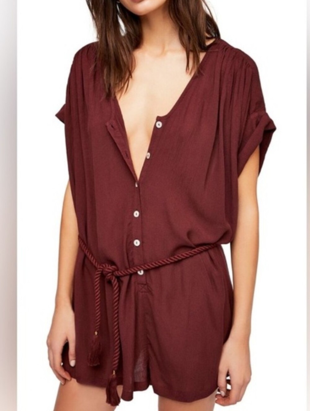 Free People Spanish Endless Summer Burgundy Romper Rope Tie Waist Small - Picture 1 of 6